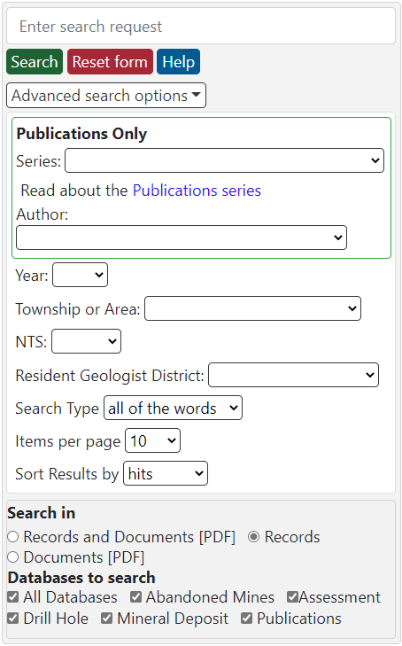 GeologyOntario search tool box. All the text found within the box is described below.