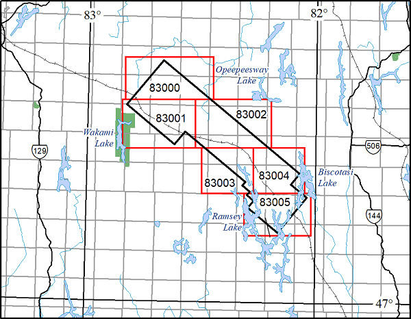 Location map for Biscotasing area geophysical survey, 1:200000 scale maps.