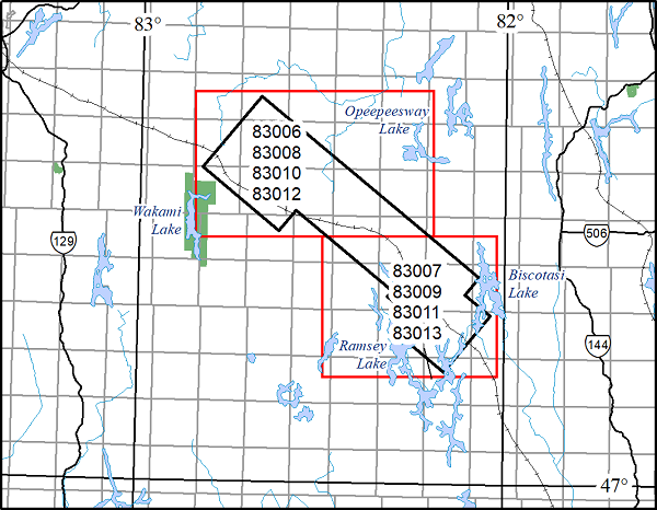 Location map for Biscotasing area geophysical survey, 1:500000 scale maps.