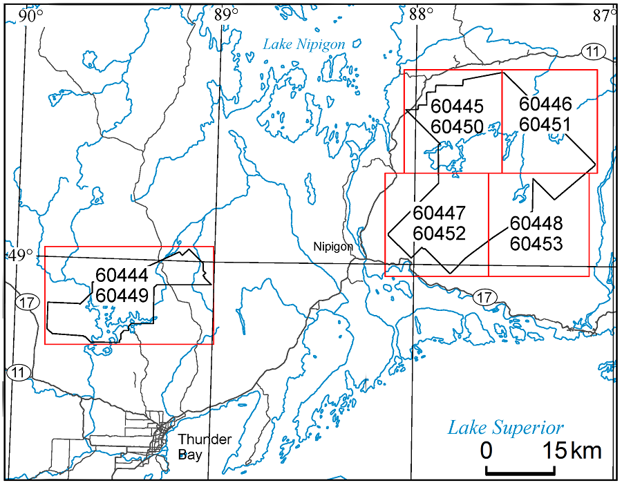 Régions de Dog Lake et de Nipigon Est, Feuilles de carte à l’échelle de 1 : 50 000