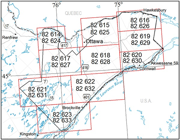 Levé géophysique aéroporté  Région de l’Est de l’Ontario, Feuilles de carte à l’échelle de 1:50 000