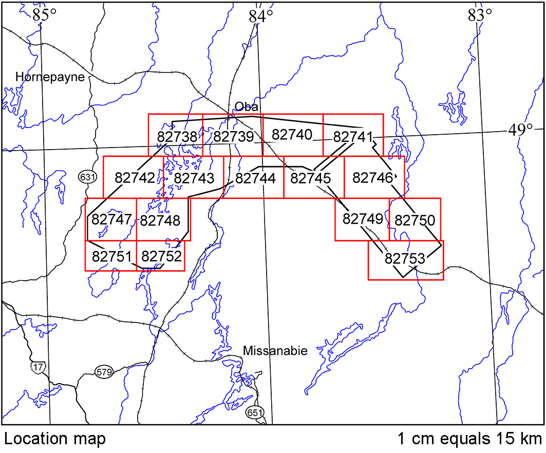 Location map of Kabinakagami area airborne geophysical survey 1:20000 scale maps