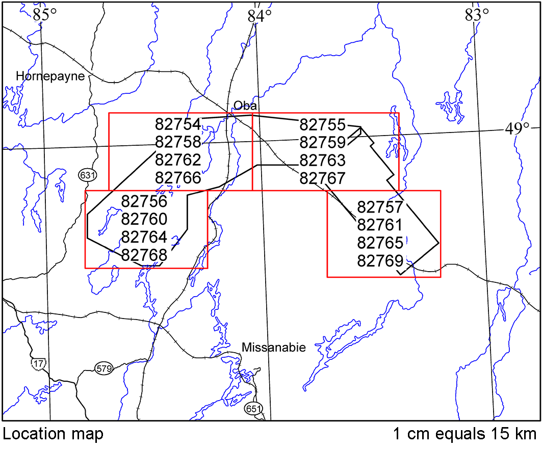 Location map of Kabinakagami area airborne geophysical survey 1:50000 scale maps