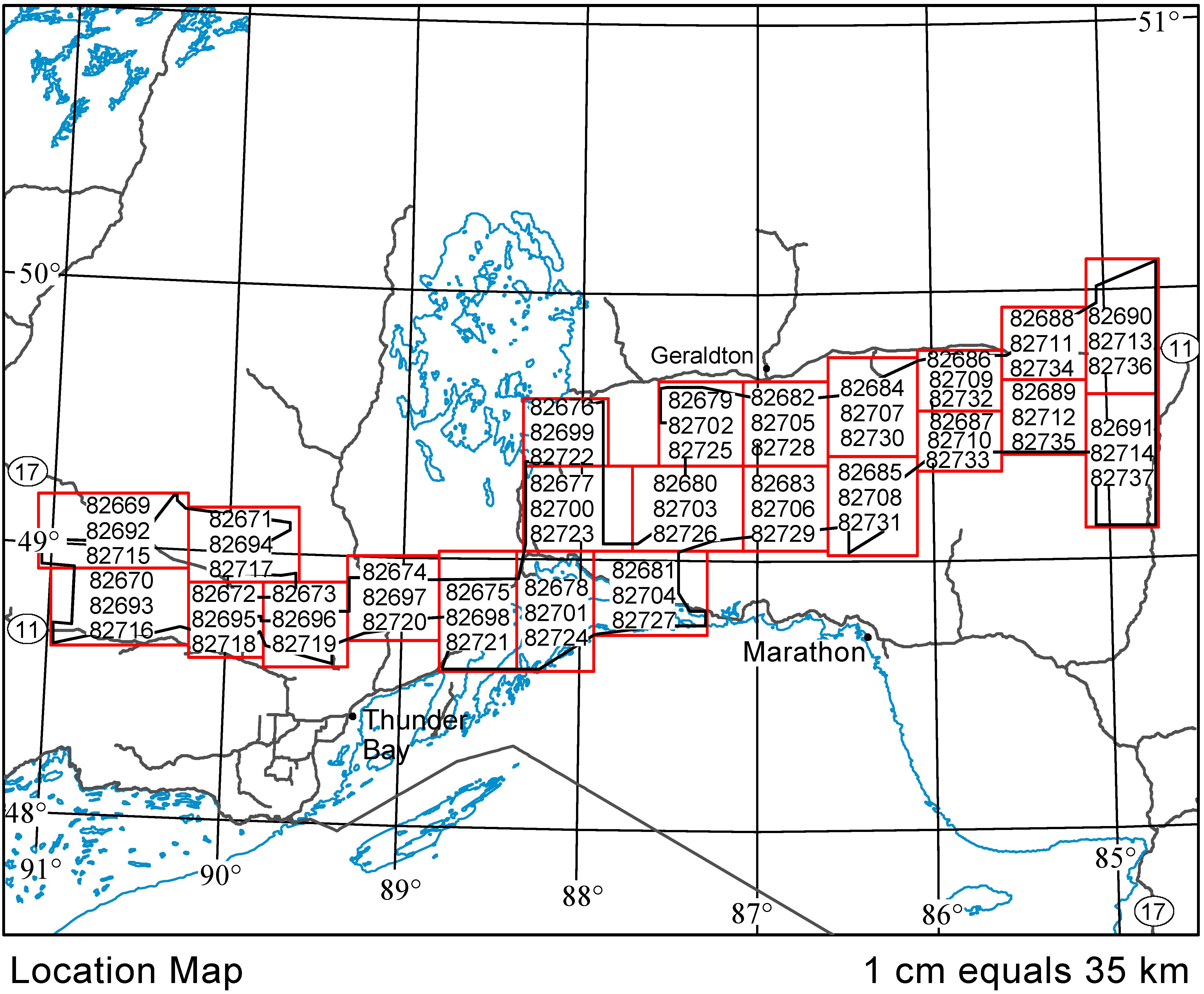 Location map of Lac des Mille Lacs–Nagagami area airborne geophysical survey 1:50000 scale maps