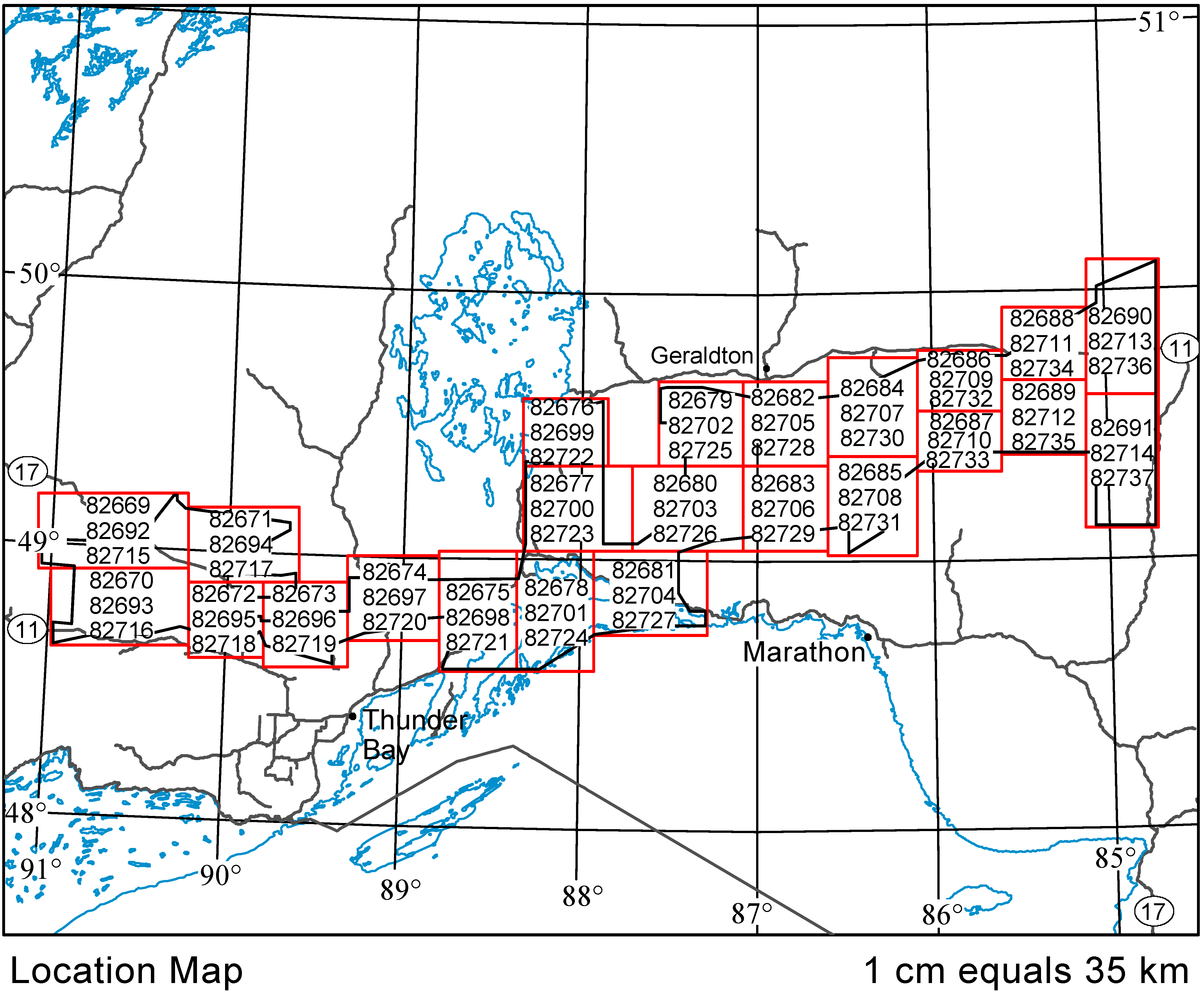 Levé géophysique aéroporté Région du lac des Mille Lacs et du lac Nagagami, Feuilles de carte à l’échelle de 1:50 000