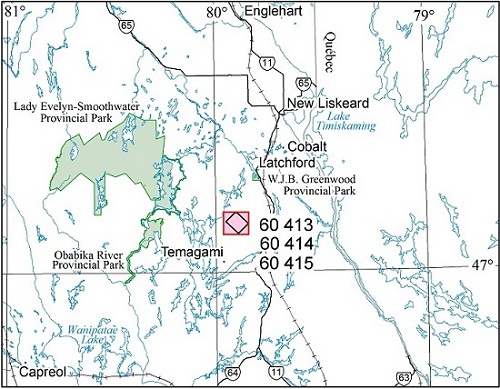 Map showing the location of the Latchford Area—Purchased Data Airborne geophysical survey 1:20000 scale map sheets