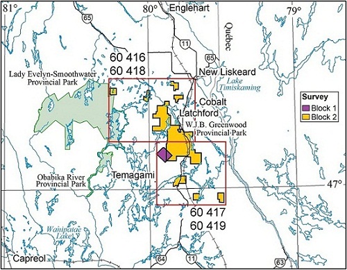 Map showing the location of the Latchford Area—Purchased Data Airborne geophysical survey 1:50000 scale map sheets