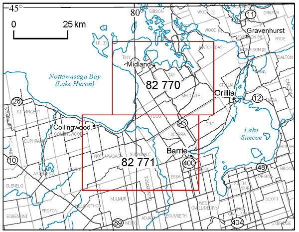 Levés géophysiques au sol réalisés au moyen de gravimètres Région du comté de Central Simcoe, Feuilles de carte à l’échelle de 1 : 50 000