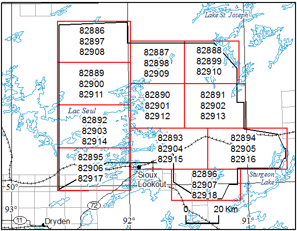 Levés géophysiques aéroportés Région du Lac Seul East, Feuilles de carte à l’échelle de 1 : 50 000