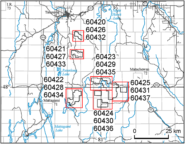 A map showing the location of an airborne geophysical survey south of Timmins Ontario