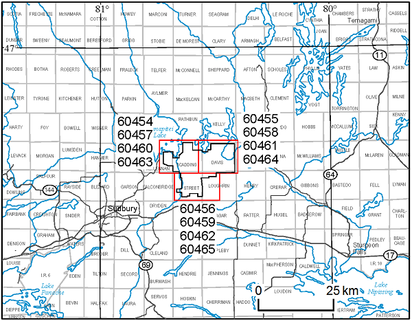 A map of the area near Scadding Township showing the location of an airborne geophysical survey