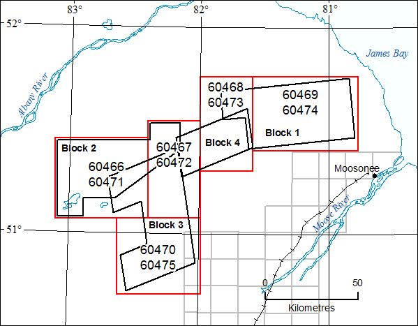 Levés géophysiques aéroportés Région du Moosonee—Données achetées, Feuilles de carte à l’échelle de 1 : 50 000