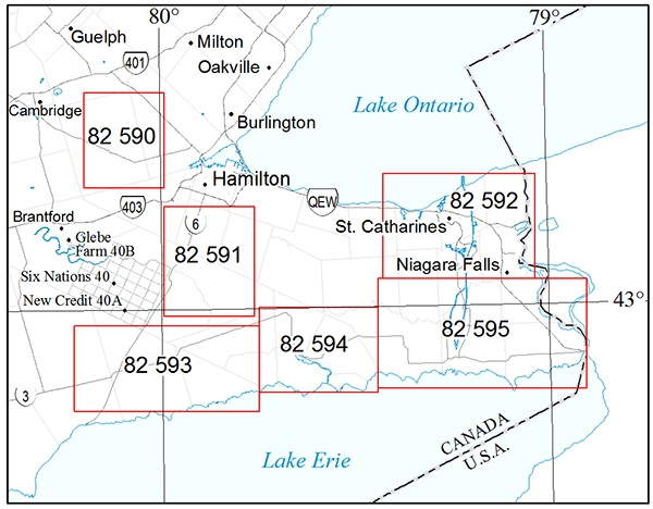 Levé géophysique au sol  Région de Niagara, Feuilles de carte à l’échelle de 1:50 000