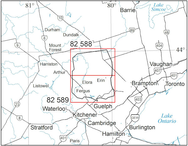 Levé gravimétrique au sol  Région d’Orangeville, Feuilles de carte à l’échelle de 1:50 000