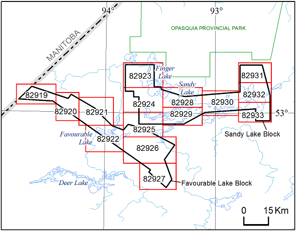 location map for Sandy and Favourable Lakes Survey, 1 to 20000 scale