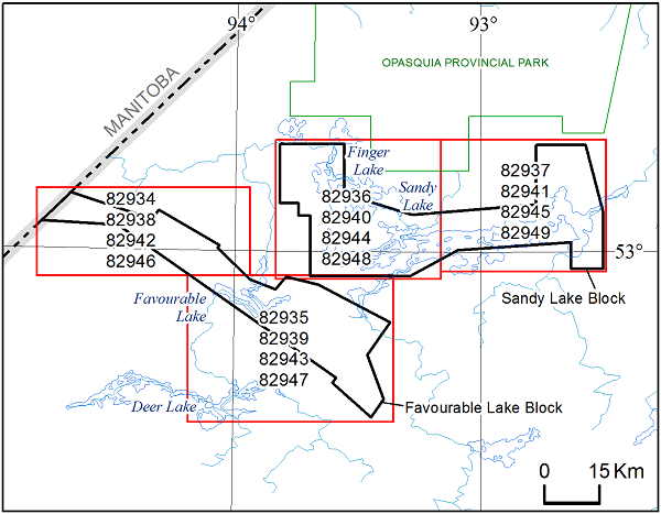 location map for Sandy and Favourable Lakes Survey, 1 to 50000 scale